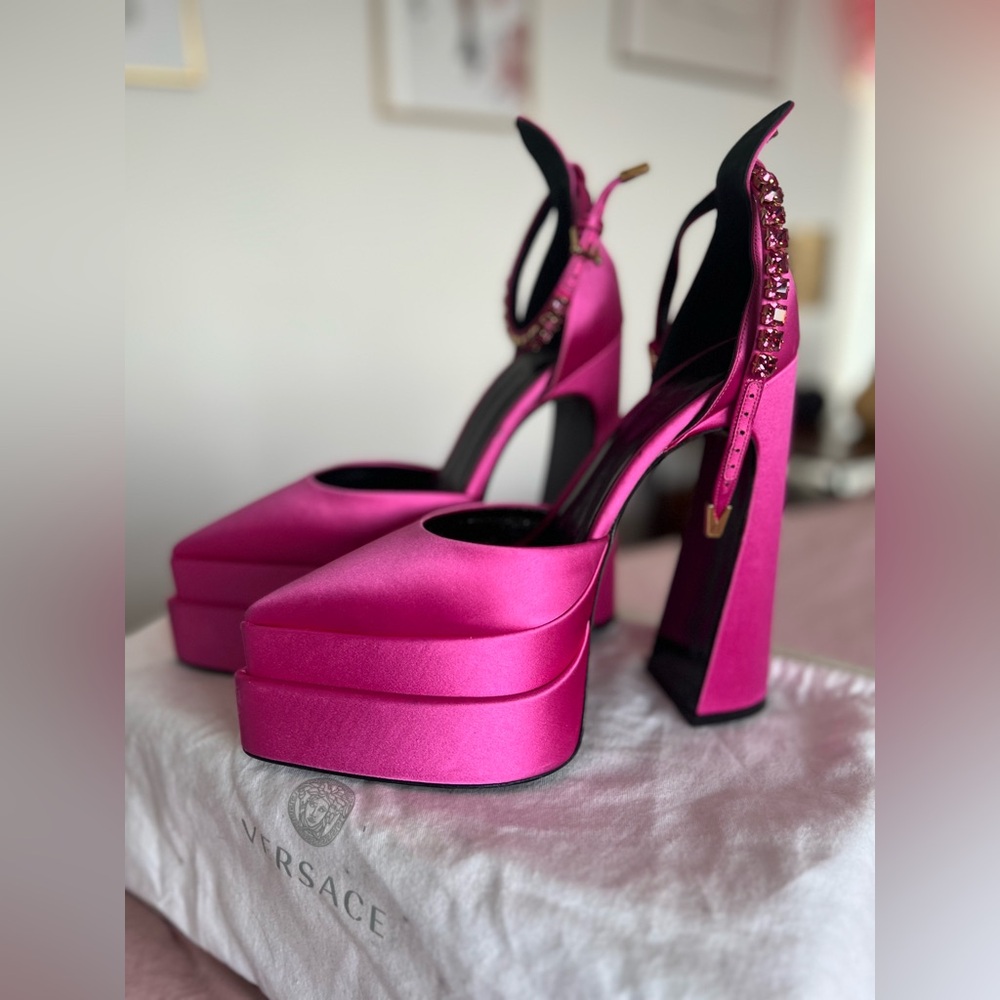 Versace Fuchsia Satin Platform Slingback Heels with Jeweled Ankle Strap